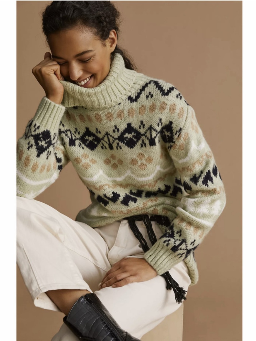 Anthropologie Fair Isle Mint Green Turtleneck Tunic Chunky Sweater - Size M